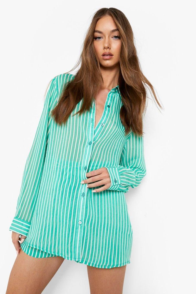 Womens Textured Stripe Oversized Shirt - Green - 6, Green