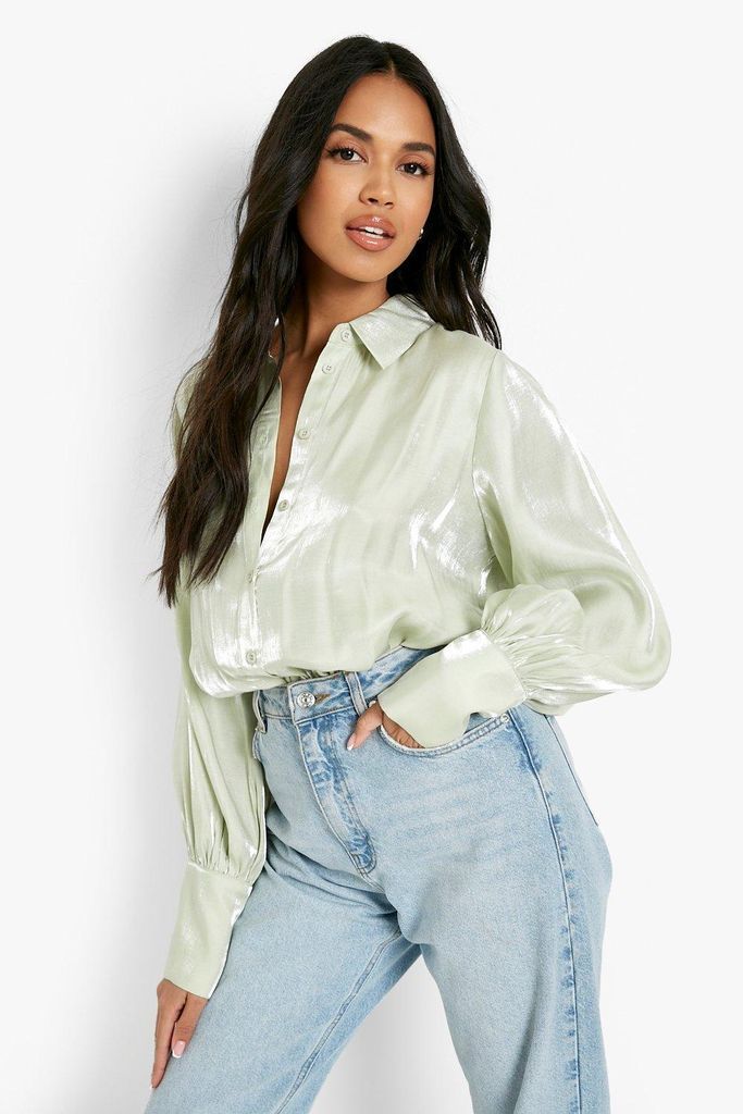 Womens Shimmer Oversized Volume Sleeve Shirt - Green - 6, Green