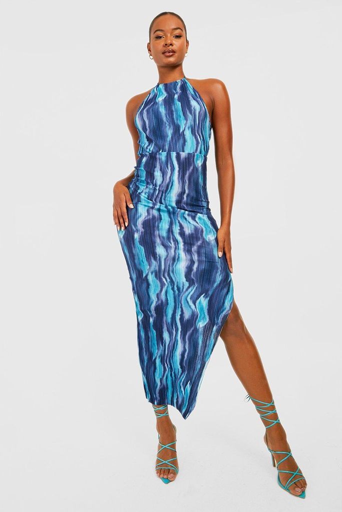 Womens Tall Printed Plisse Pleated Split Midi Dress - Blue - 6, Blue