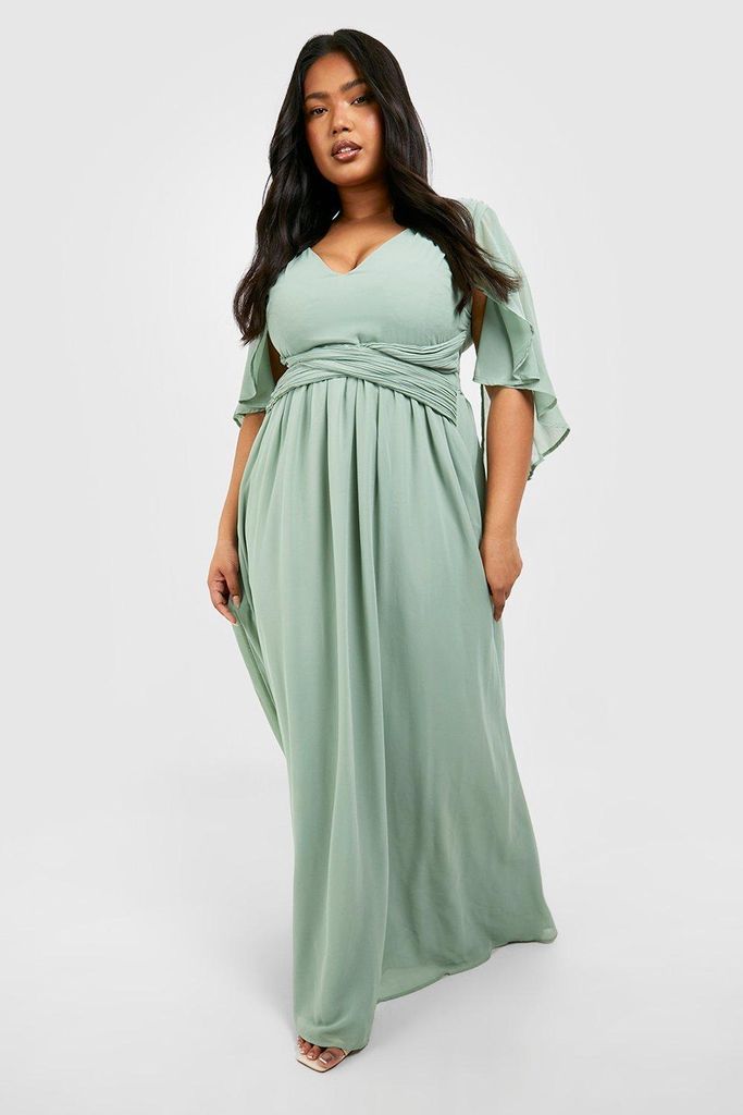 Womens Plus Bridesmaid Chiffon Angel Sleeve Wrap Maxi Dress - Green - 16, Green