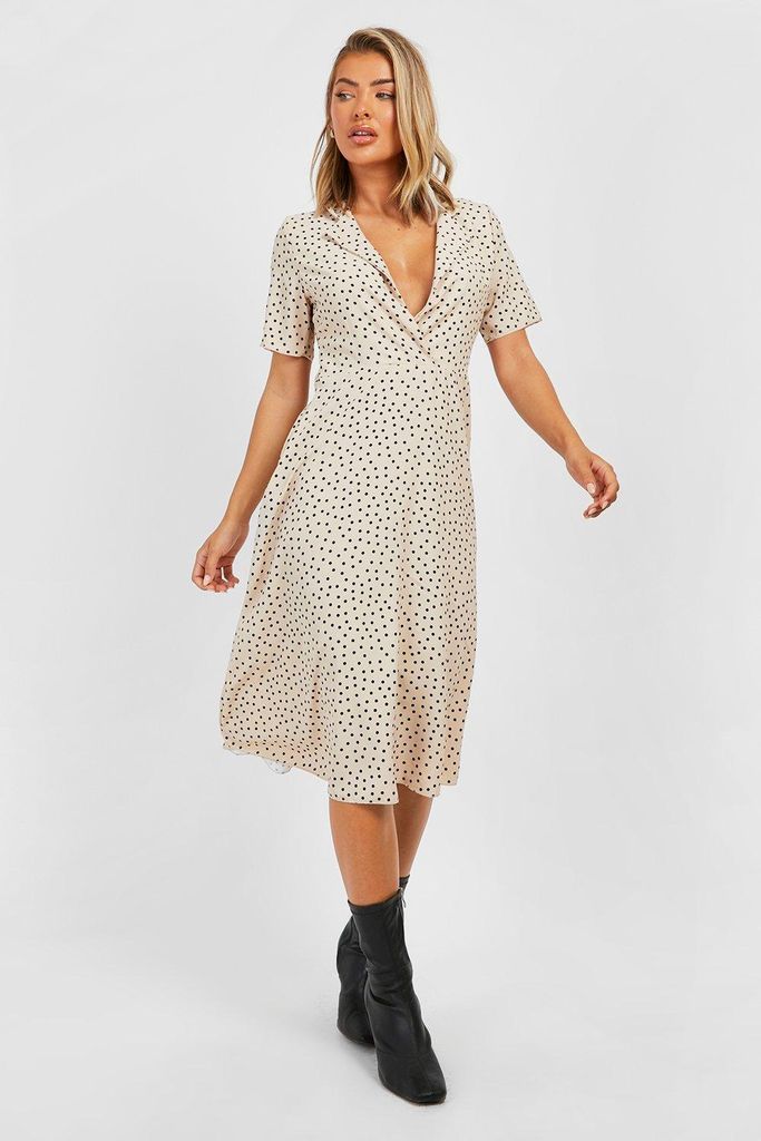 Womens Polka Dot Shirt Style Midi Dress - Beige - 8, Beige