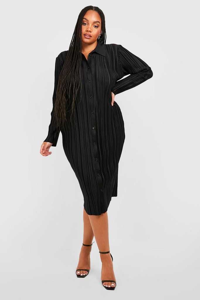 Womens Plus Plisse Midi Shirt Dress - Black - 26, Black