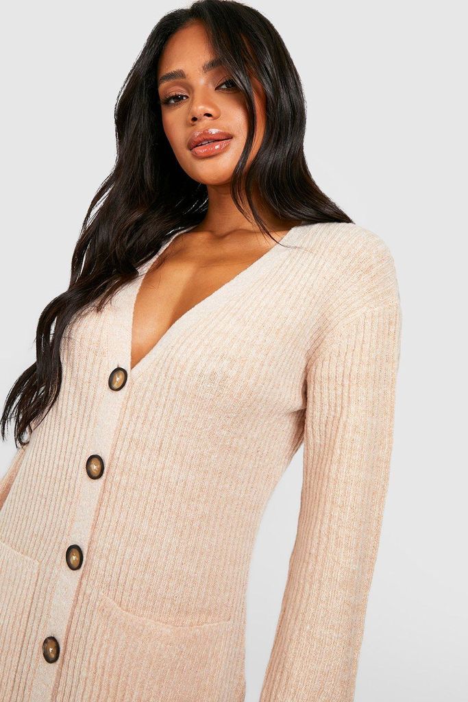 Womens Soft Knit Button Through Midi Knitted Dress - Beige - S, Beige