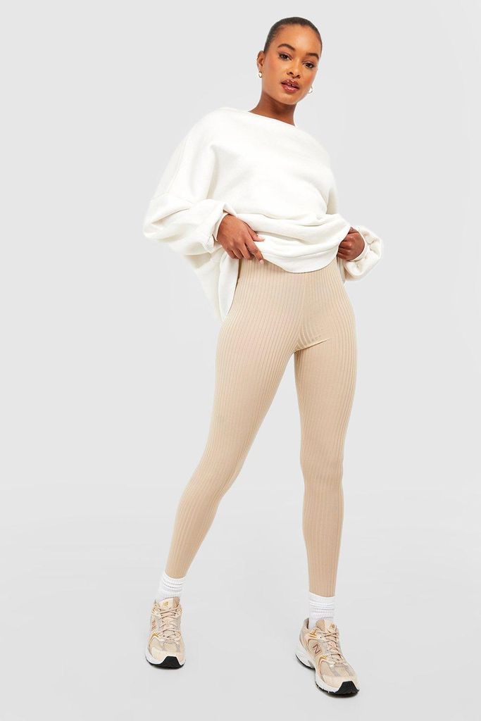 Womens Tall Thick Ribbed Mid Rise Basic Leggings - Beige - 18, Beige