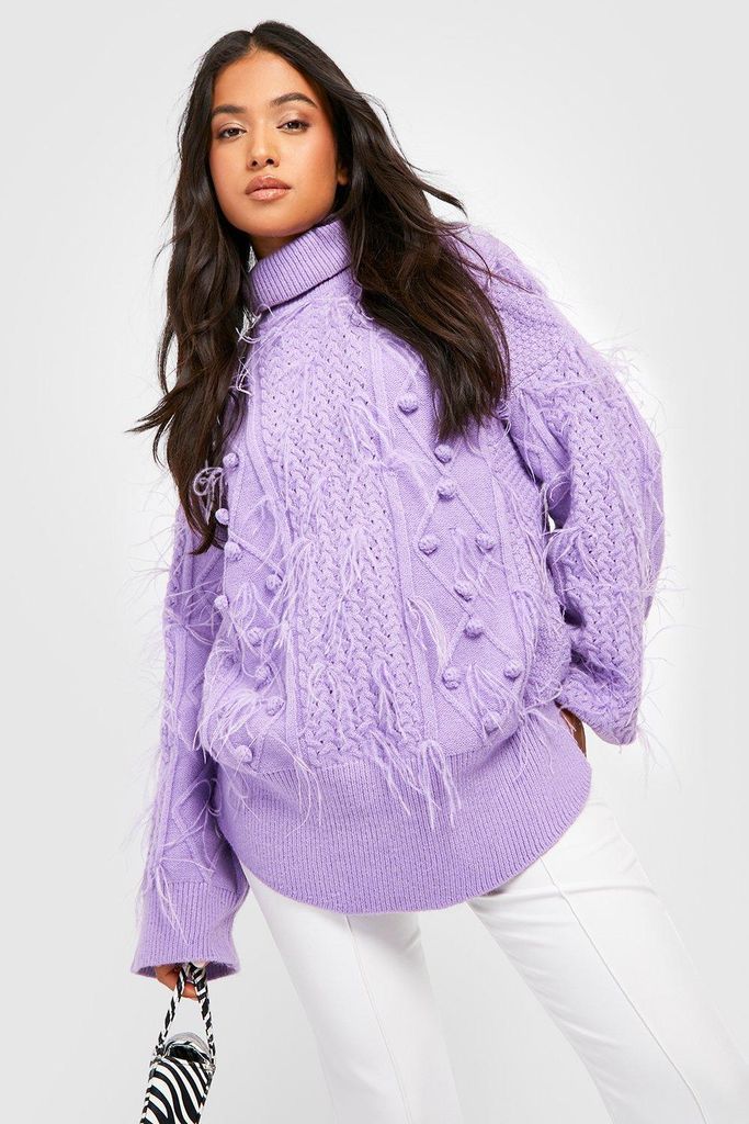 Womens Petite Roll Neck Feather Cable Knit Jumper - Purple - Xl, Purple