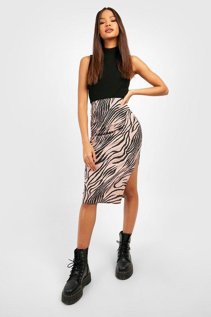 Womens Zebra Print Rib Side Split Midi Skirt - Beige - 6, Beige