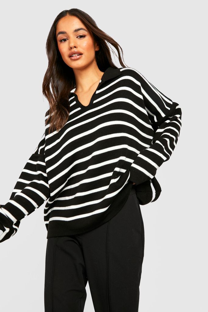 Womens Stripe Polo Collar Knitted Jumper - Black - S/M, Black
