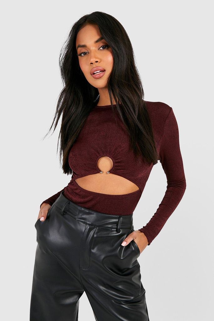 Womens Textued Slinky Long Sleeve Ring Detail Cut Out Top - Brown - 14, Brown