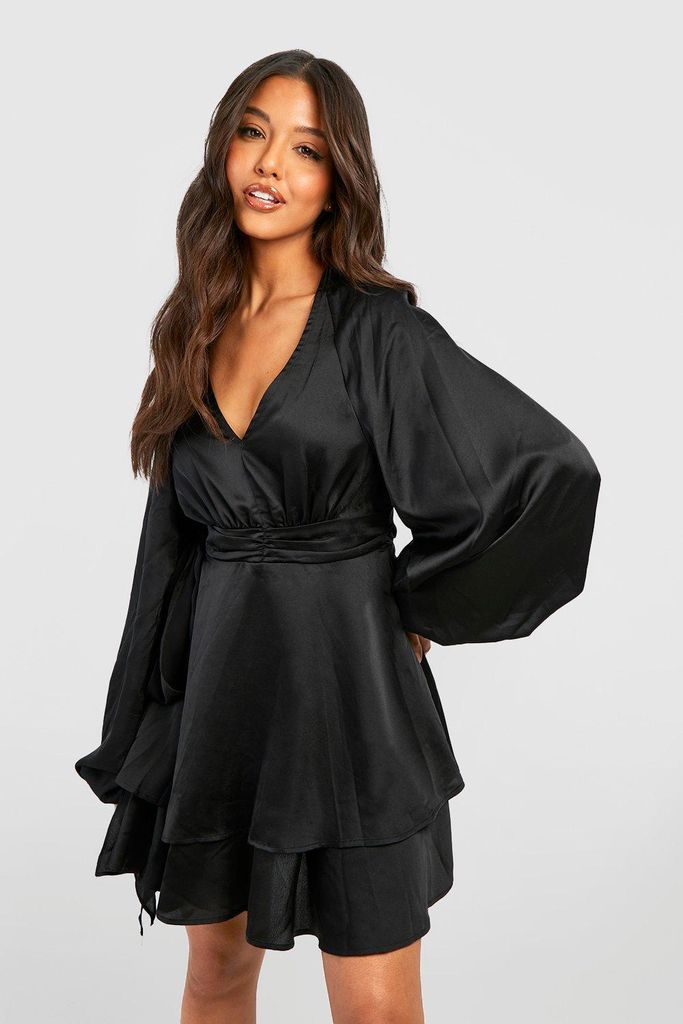 Womens Satin Plunge Blouson Sleeve Skater Dress - Black - 8, Black