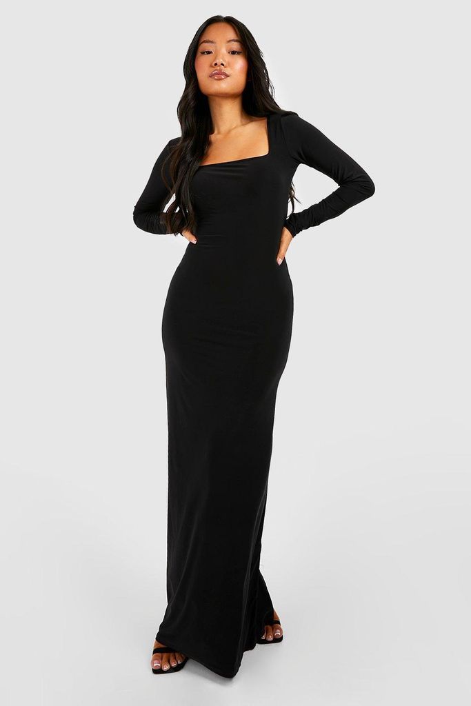 Womens Petite Long Sleeve Square Neck Slinky Maxi Dress - Black - 16, Black