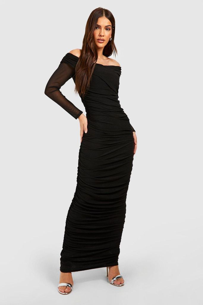 Womens Rouched Mesh Off The Shoulder Maxi Dress - Black - 8, Black