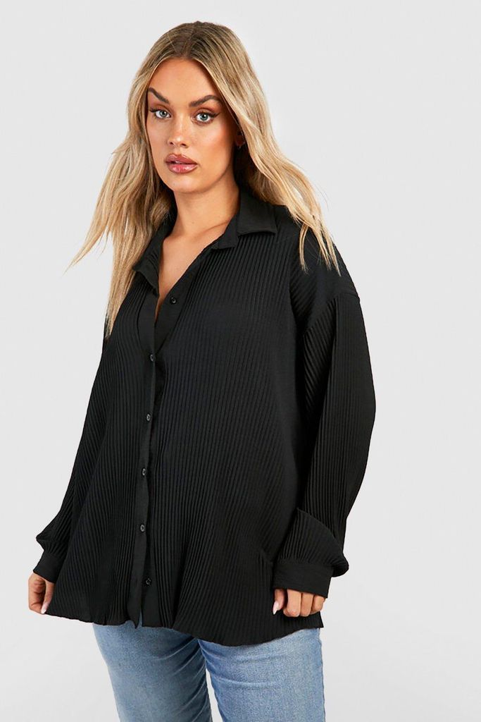 Womens Plus Plisse Oversized Shirt - Black - 22, Black