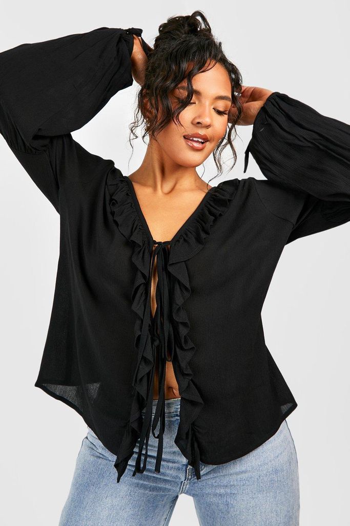 Womens Plus Ruffle Front Cheesecloth Top - Black - 22, Black