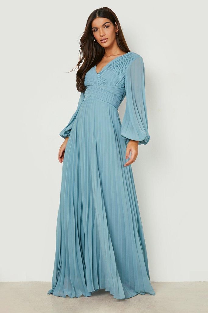 Womens Pleated Plunge Wrap Maxi Dress - Blue - 8, Blue