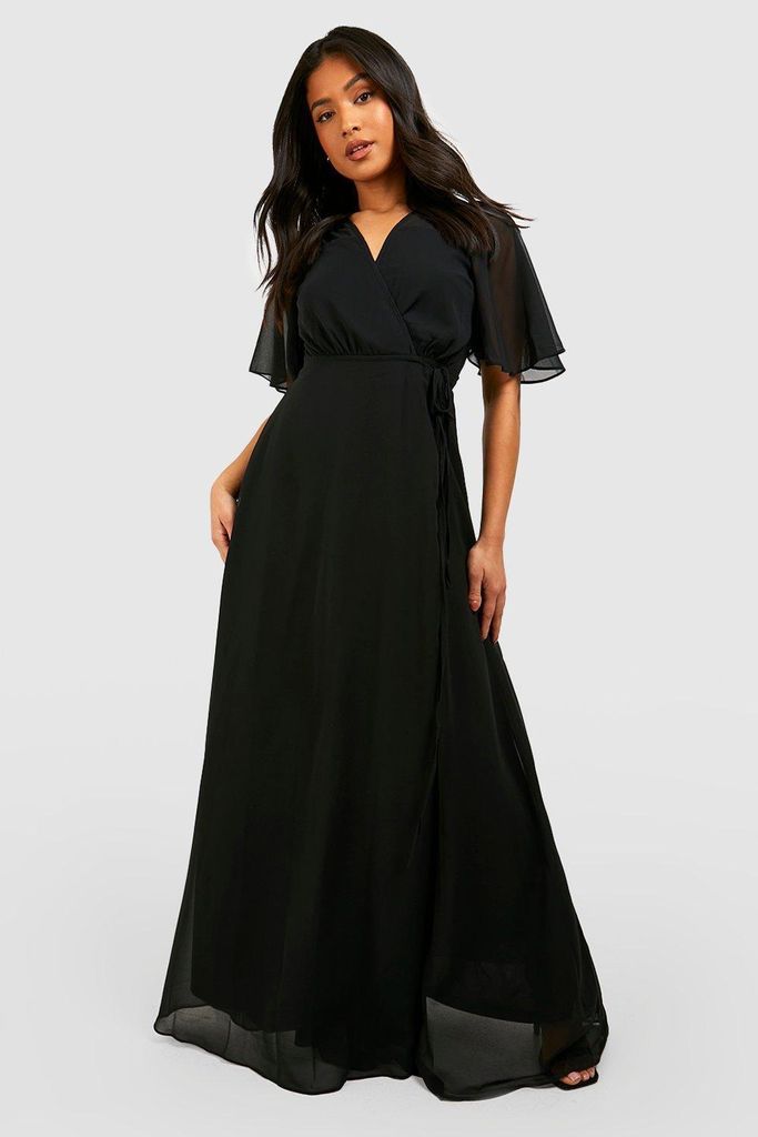Womens Petite Angel Sleeve Wrap Bridesmaid Dress - Black - 6, Black