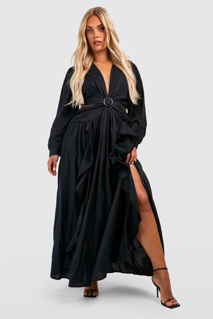 Womens Plus Linen Cut Out Ruffle Maxi Dress - Black - 16, Black