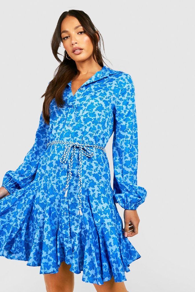 Womens Tall Floral Rope Tie Pleated Shirt Dress - Blue - 6, Blue
