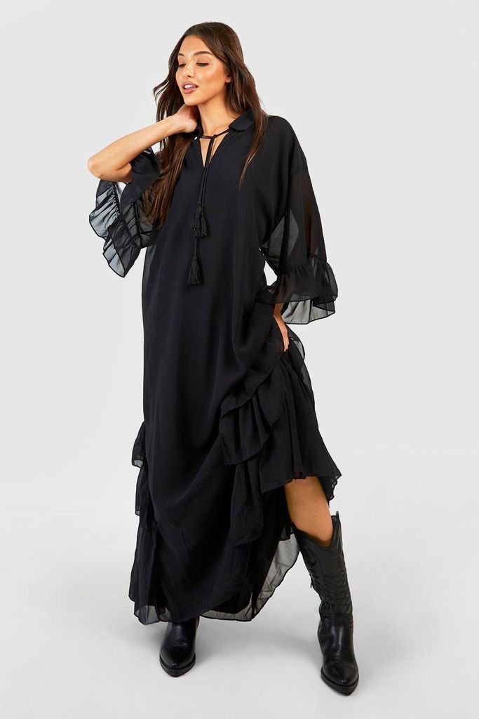 Womens Ruffle Detail Smock Maxi Dress - Black - 8, Black