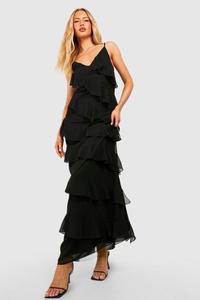 Womens Tall Chiffon Ruffle Detail Maxi Dress - Black - 8, Black