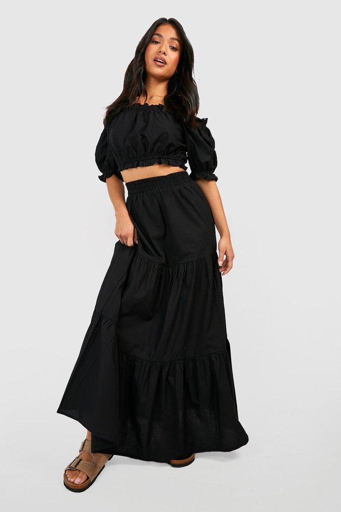 Womens Petite Cotton Bardot Top & Tiered Maxi Skirt Co-Ord - Black - 10, Black