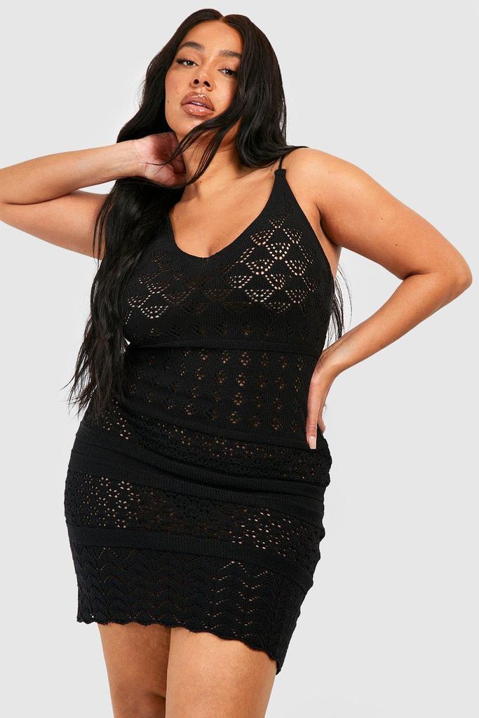 Womens Plus Knitted Strappy Crochet Mini Dress - Black - 28, Black