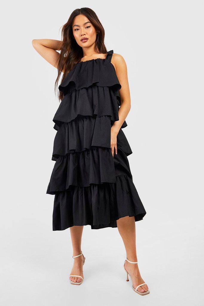Womens Ruffle Tiered Midi Dress - Black - 8, Black