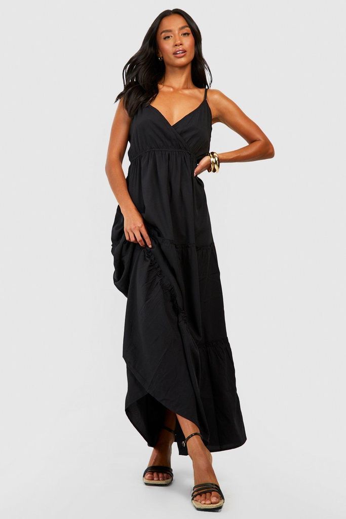 Womens Petite Woven Wrap Tiered Maxi Dress - Black - 12, Black