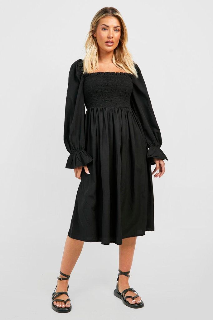 Womens Puff Sleeve Shirred Midi Dress - Black - 12, Black