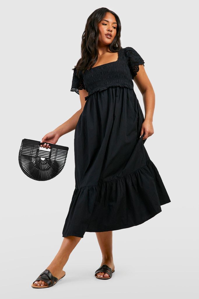 Womens Plus Broderie Detail Ruffle Sleeve Midaxi Dress - Black - 22, Black