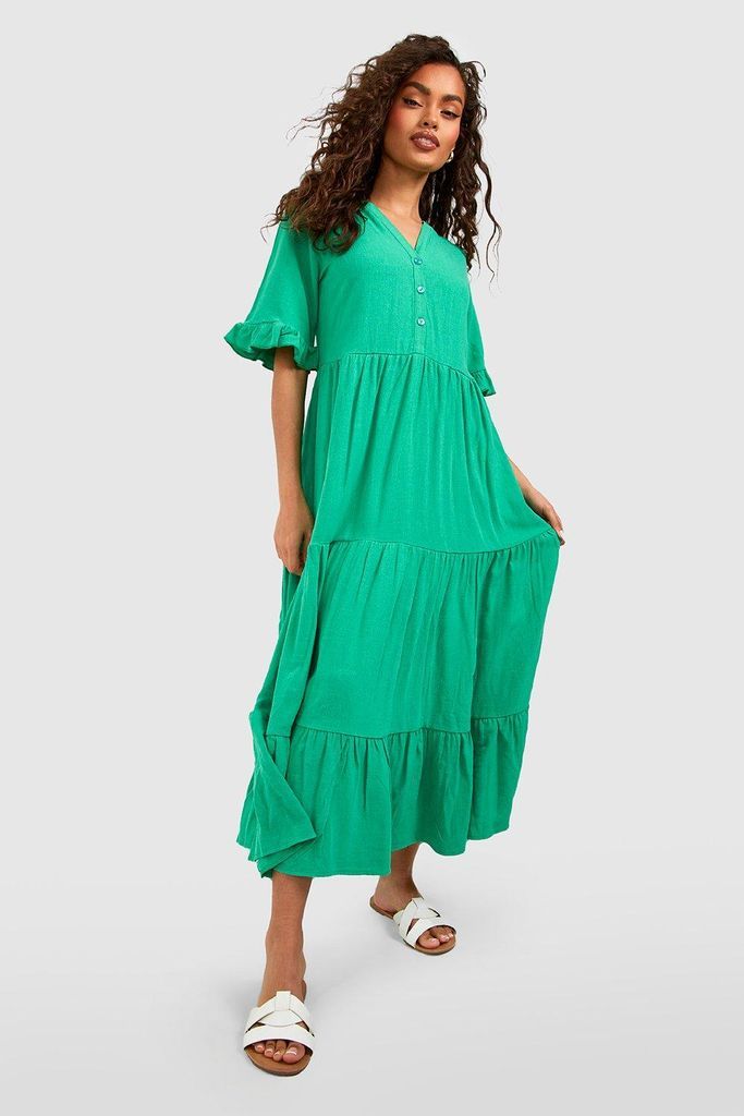 Womens Linen Tiered Midaxi Smock Dress - Green - 8, Green