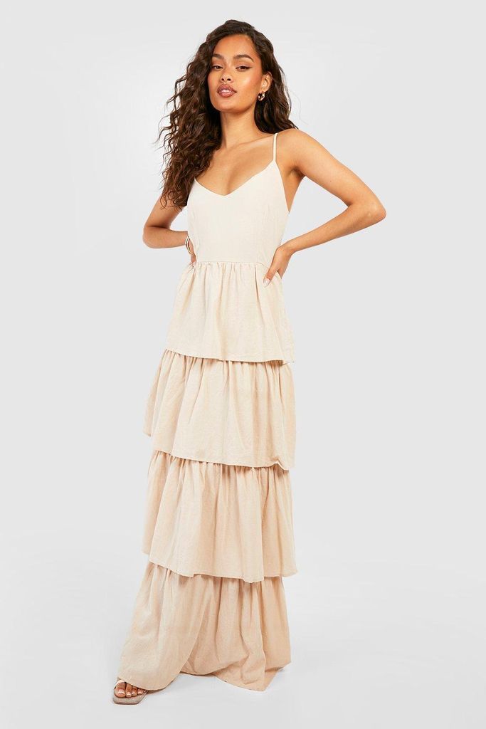 Womens V Neck Tiered Linen Maxi Dress - Beige - 8, Beige