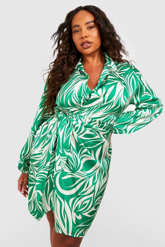 Womens Plus Zebra Satin Wrap Midi Dress - Green - 16, Green