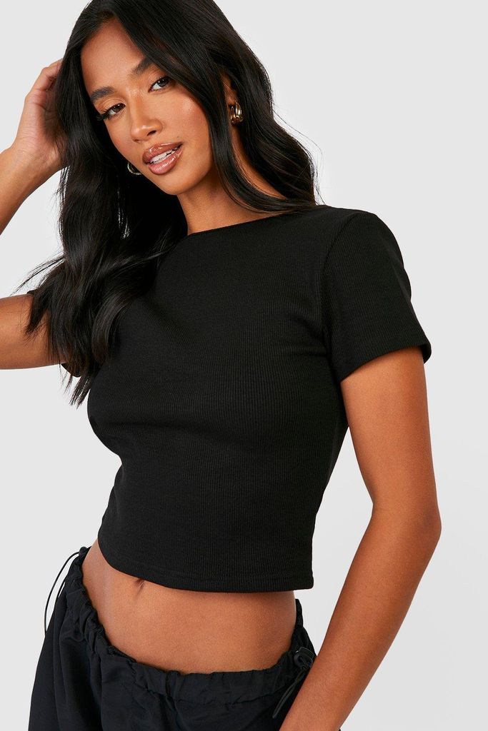 Womens Petite Premium Rib Scoop Back T-Shirt - Black - 4, Black