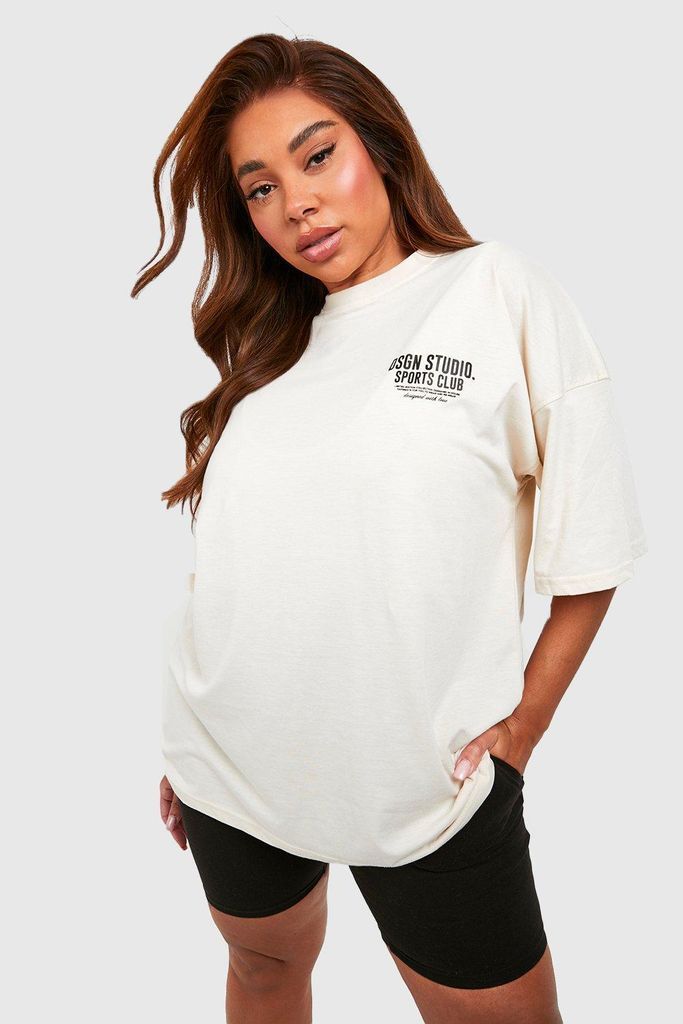 Womens Plus Sports Club Slogan Oversized T-Shirt - Cream - 16, Cream