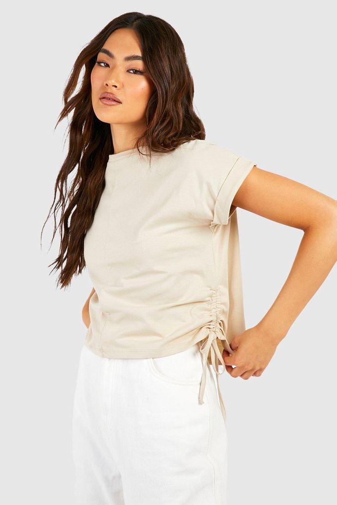 Womens Ruched Side Roll Sleeve Crop T-Shirt - Beige - 6, Beige