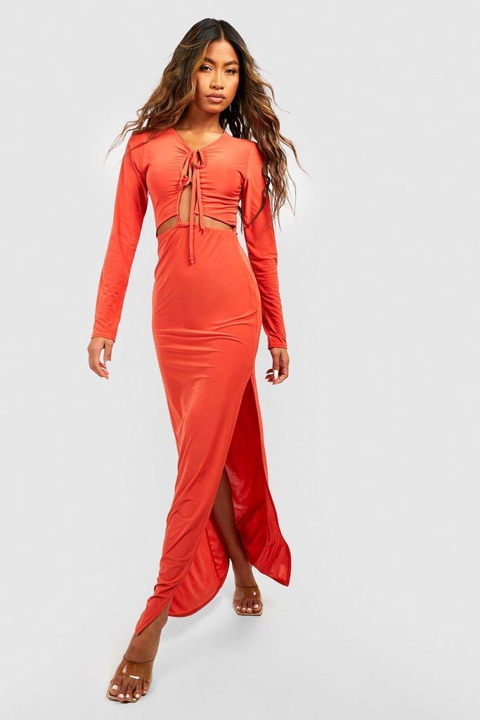 Womens Tie Front Detail Slinky Maxi Dress - Orange - 6, Orange