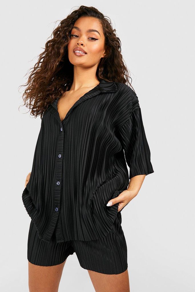 Womens Matte Plisse Relaxed Fit Shirt - Black - 8, Black