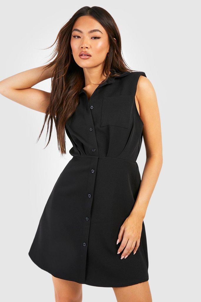 Womens Shoulder Pad Pocket Detail Tailored Shirt Dress - Black - 14, Black