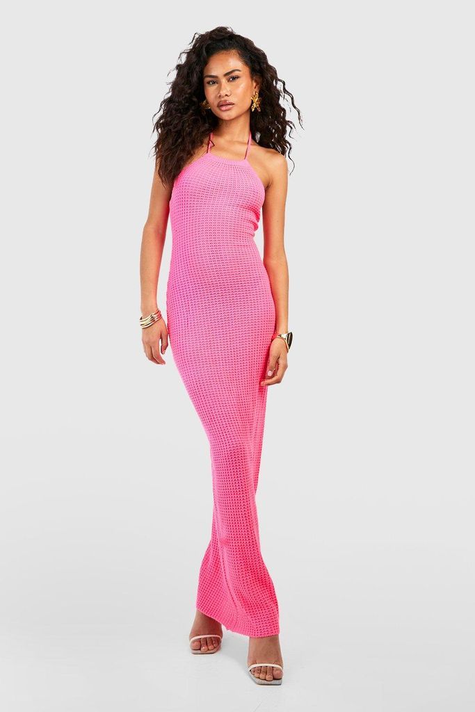 Womens Halterneck Crochet Maxi Dress - Pink - S, Pink