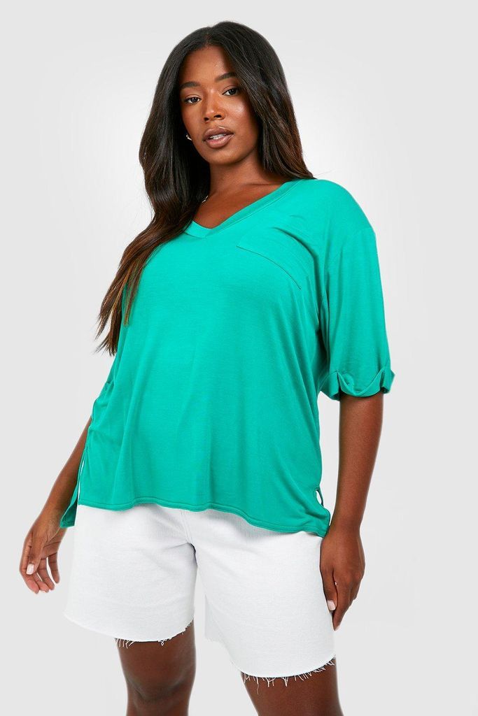 Womens Plus V Neck Slouchy Pocket T-Shirt - Green - 24, Green