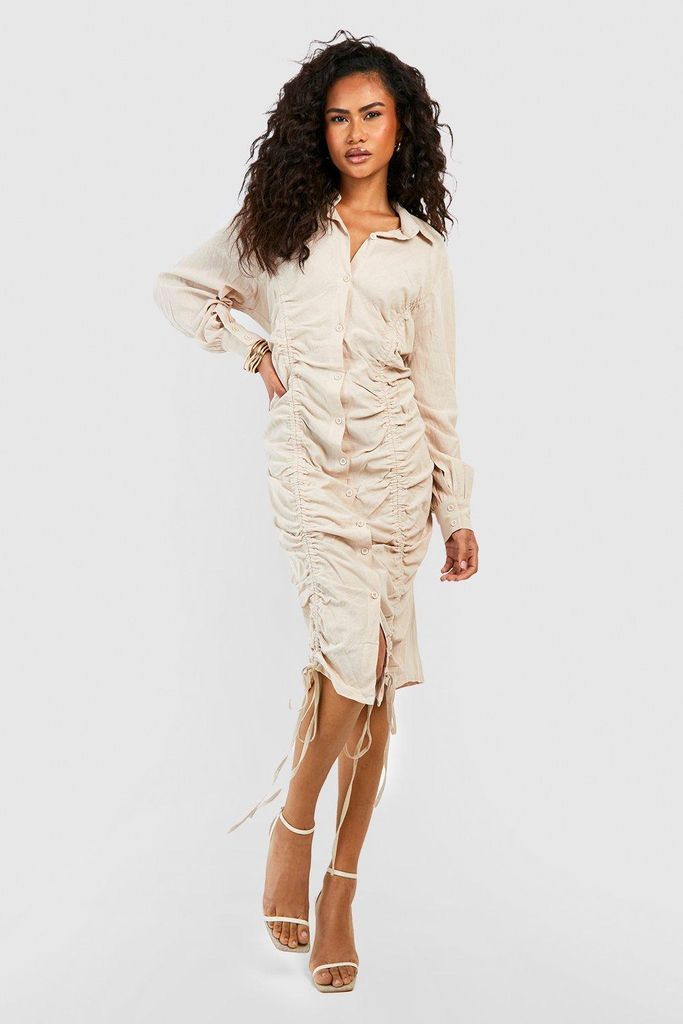 Womens Ruched Linen Midi Shirt Dress - Beige - 8, Beige