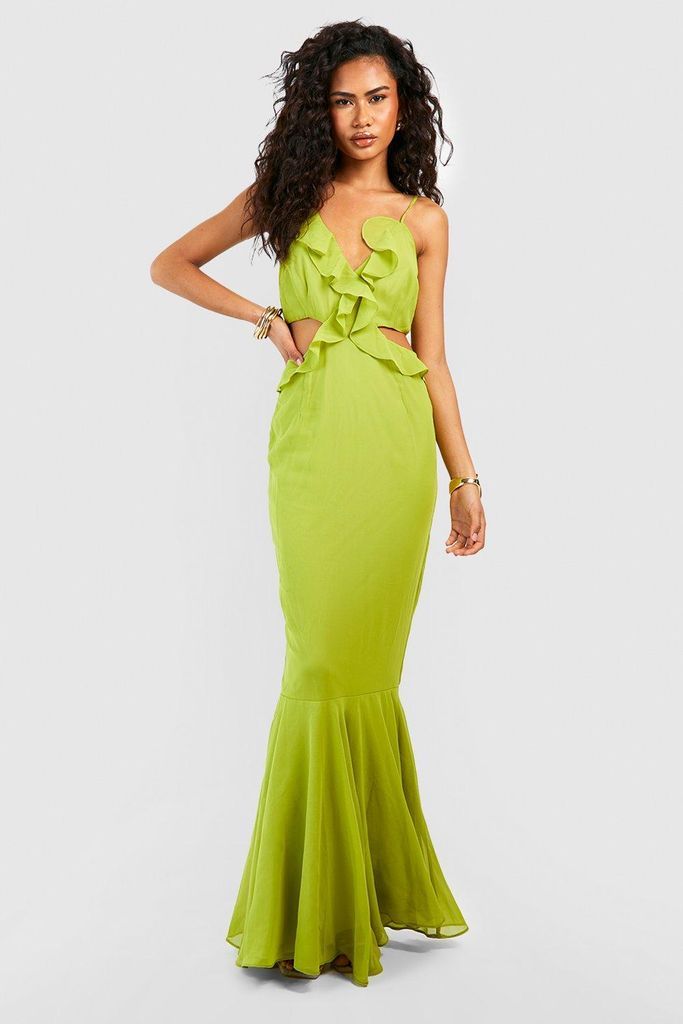 Womens Ruffle Cut Out Fishtail Maxi Dress - Green - 14, Green