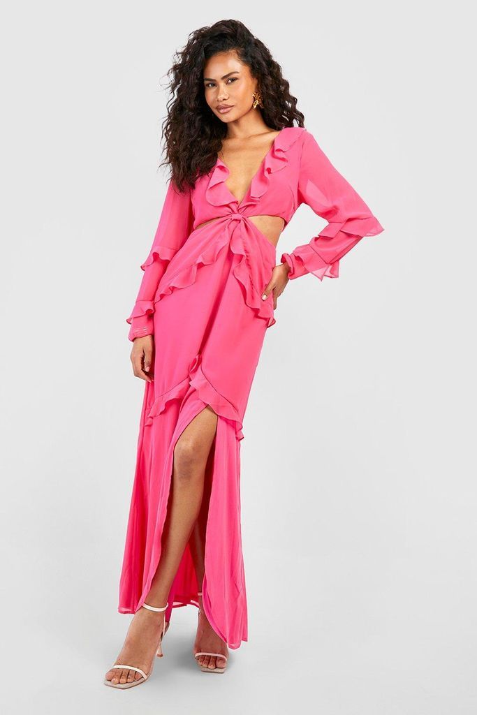 Womens Ruffle Detail Cut Out Chiffon Maxi Dress - Pink - 8, Pink