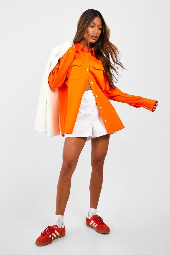 Womens Oversized Cotton Poplin Shirt - Orange - 6, Orange