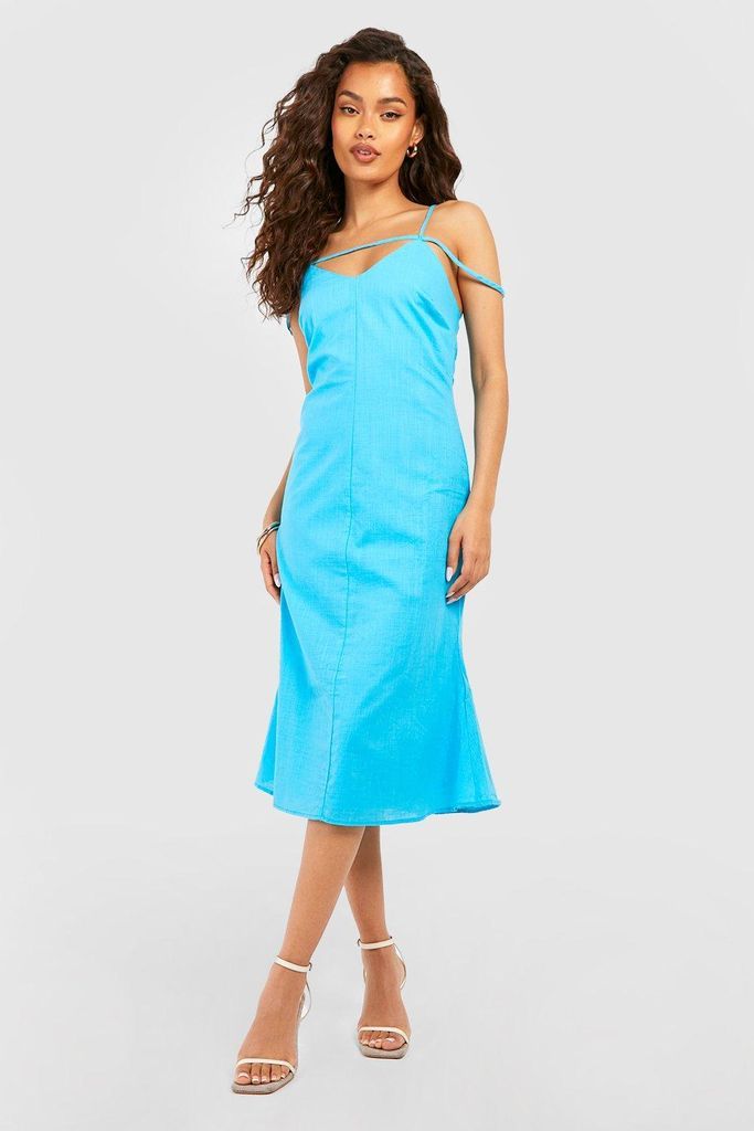 Womens Strappy Detail V Neck Linen Midi Dress - Blue - 8, Blue