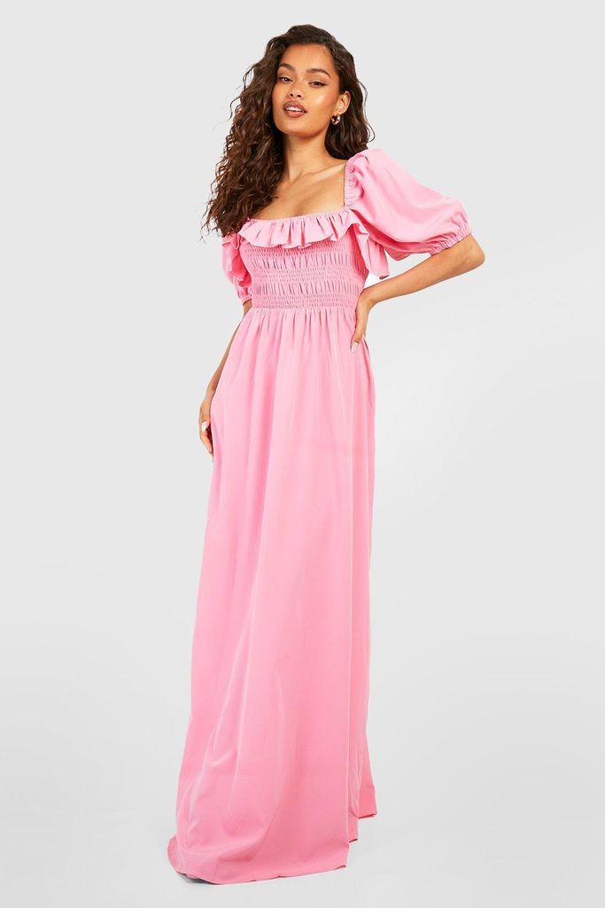 Womens Puff Sleeve Shirred Maxi Dress - Pink - 10, Pink