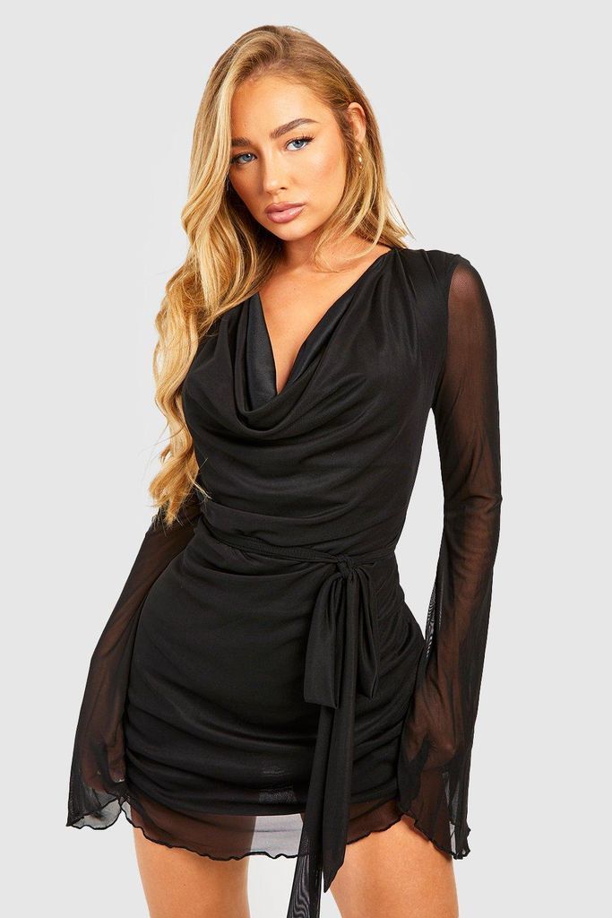 Womens Mesh Flare Cuff Mini Dress - Black - 10, Black