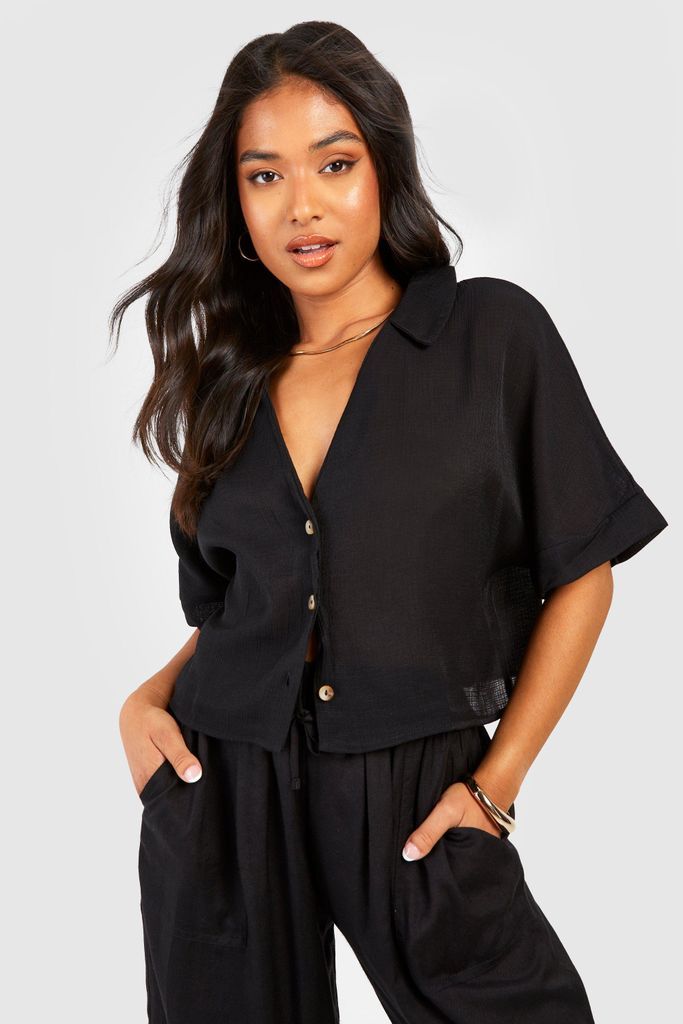 Womens Petite Textured Cheesecloth Cropped Boxy Shirt - Black - 6, Black