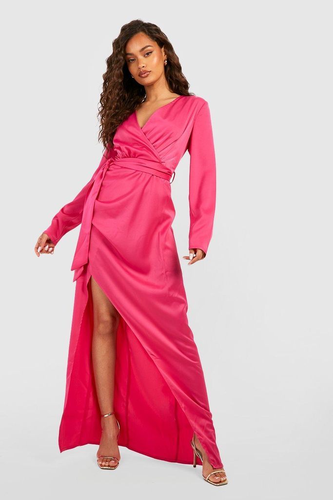 Womens Satin Long Sleeve Wrap Front Maxi Dress - Pink - 8, Pink