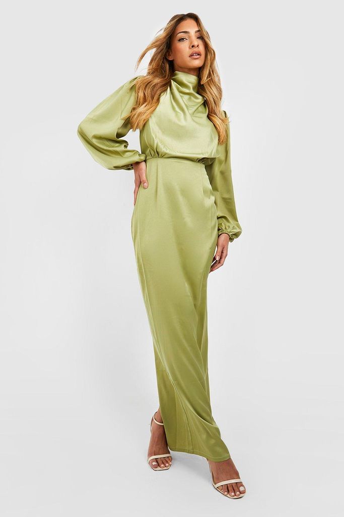 Womens Satin Cowl Neck Split Maxi Dress - Green - 8, Green